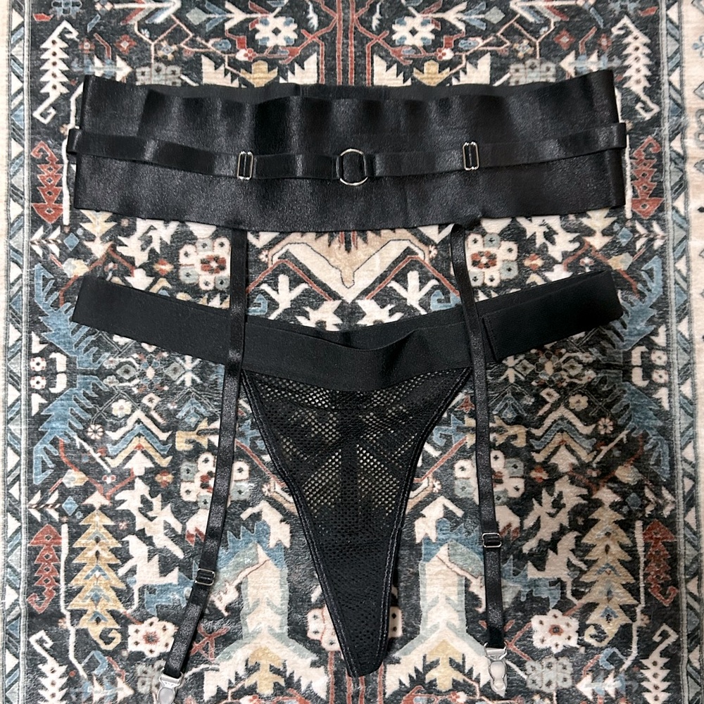 NWOT Black Fishnet 2 Piece Garter and Panties set